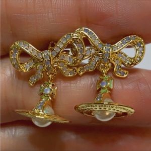 Vivienne Westwood gold crystal Bow signature Saturn 🪐 drop earrings
